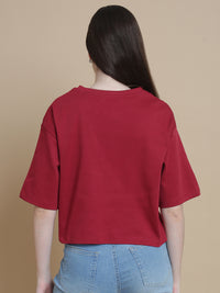 De Moza Women Knitted Cotton Crop Boxy Fit T-shirt Burgandy - De Moza