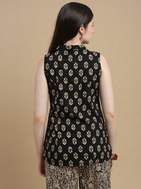 De Moza Women Woven Rayon Regular Fit Printed Sleeveless Top with Collared Neck Black - De Moza
