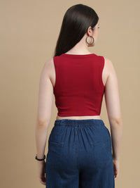 De Moza Women Knitted Cotton Rib Fitted Sleeveless Top with Round Neck Burgundy - De Moza