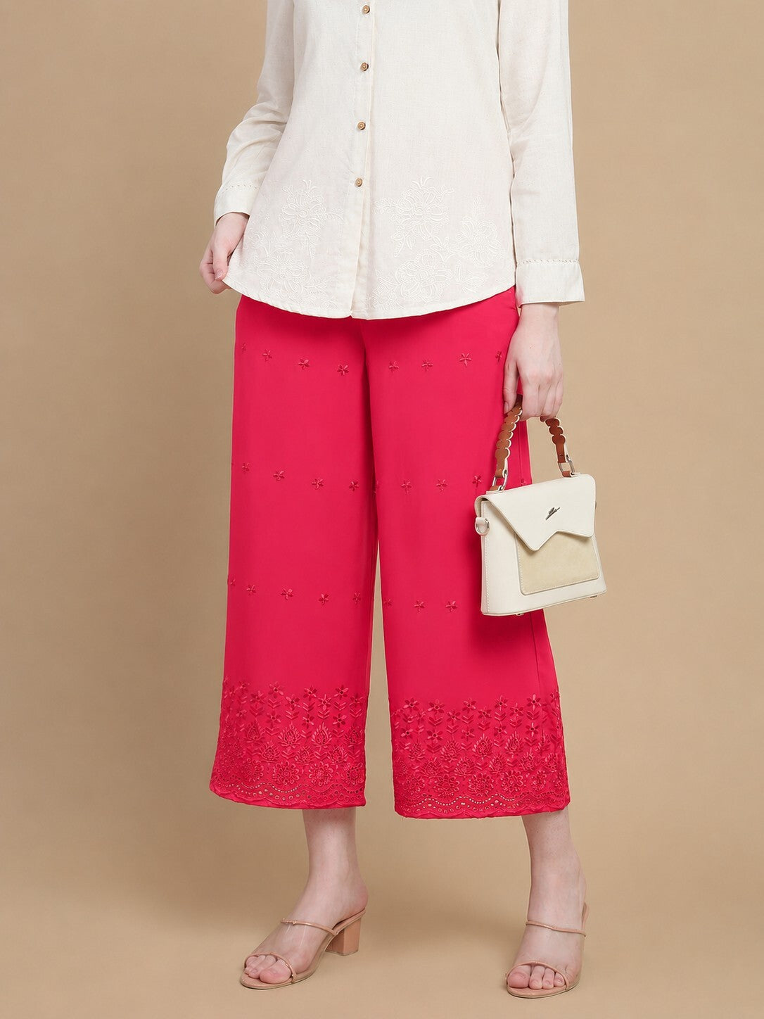 De Moza Women Woven Viscose Relaxed Fit Culottes with Functional Pockets Pink - De Moza