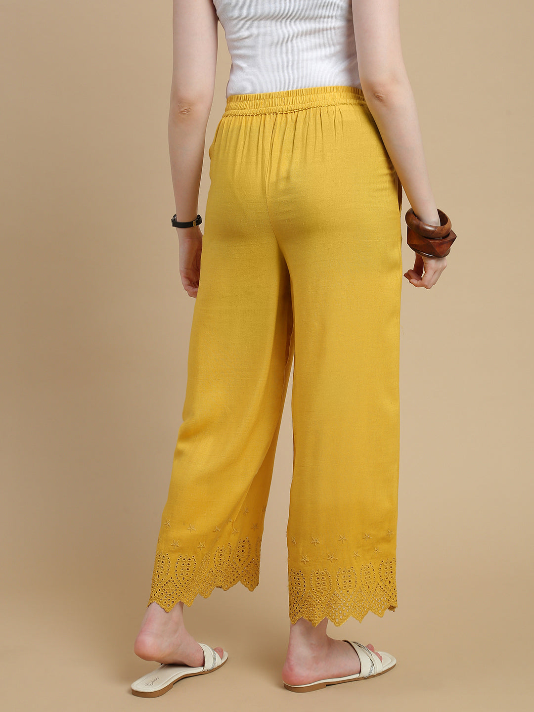 De Moza Women Woven Viscose Flex Regular Fit Schiffly Narrow Palazzo Pant with Functional Pockets Lime Yellow - De Moza