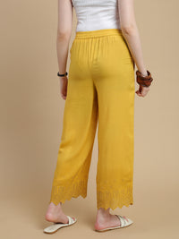 De Moza Women Woven Viscose Flex Regular Fit Schiffly Narrow Palazzo Pant with Functional Pockets Lime Yellow - De Moza