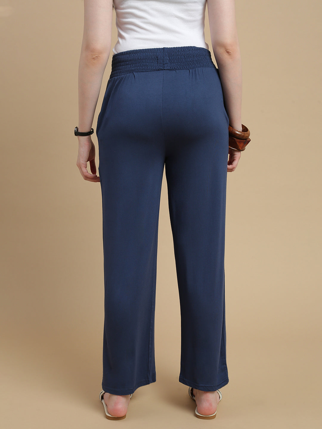 De Moza Women Knitted Viscose Stretch Regular Fit Flared Pant with Functional Pockets Navy Blue - De Moza