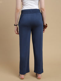 De Moza Women Knitted Viscose Stretch Regular Fit Flared Pant with Functional Pockets Navy Blue - De Moza