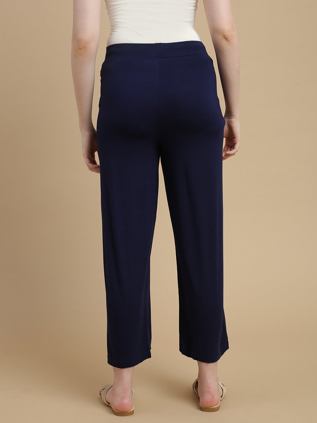 De Moza Women Knitted Viscose Stretch Slim Fit Palazzo Pant with Functional Pocket Dark Navy - De Moza