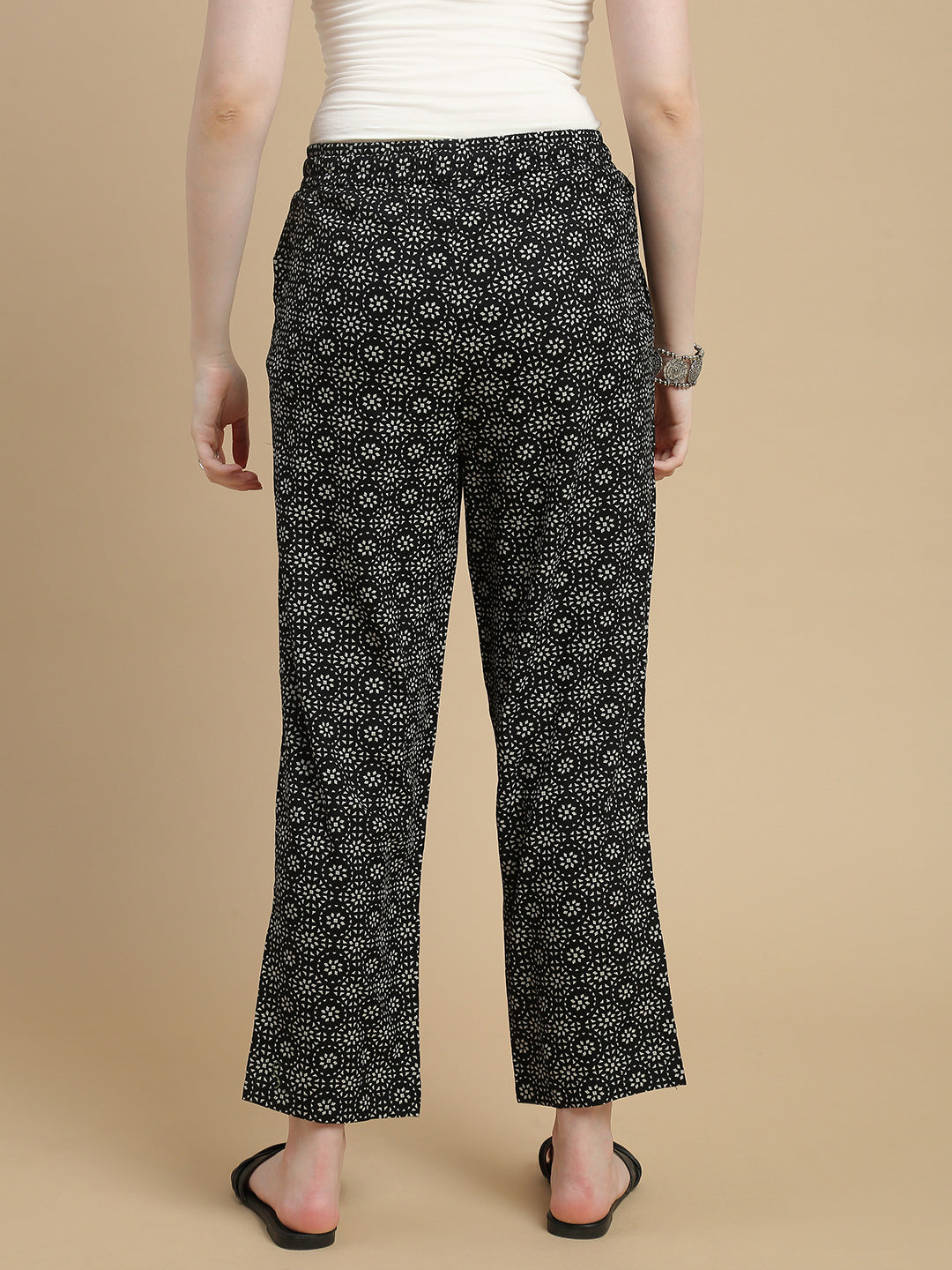 De Moza Women Woven Rayon Straight Fit Printed Straight Pant with Functional Pockets Black - De Moza