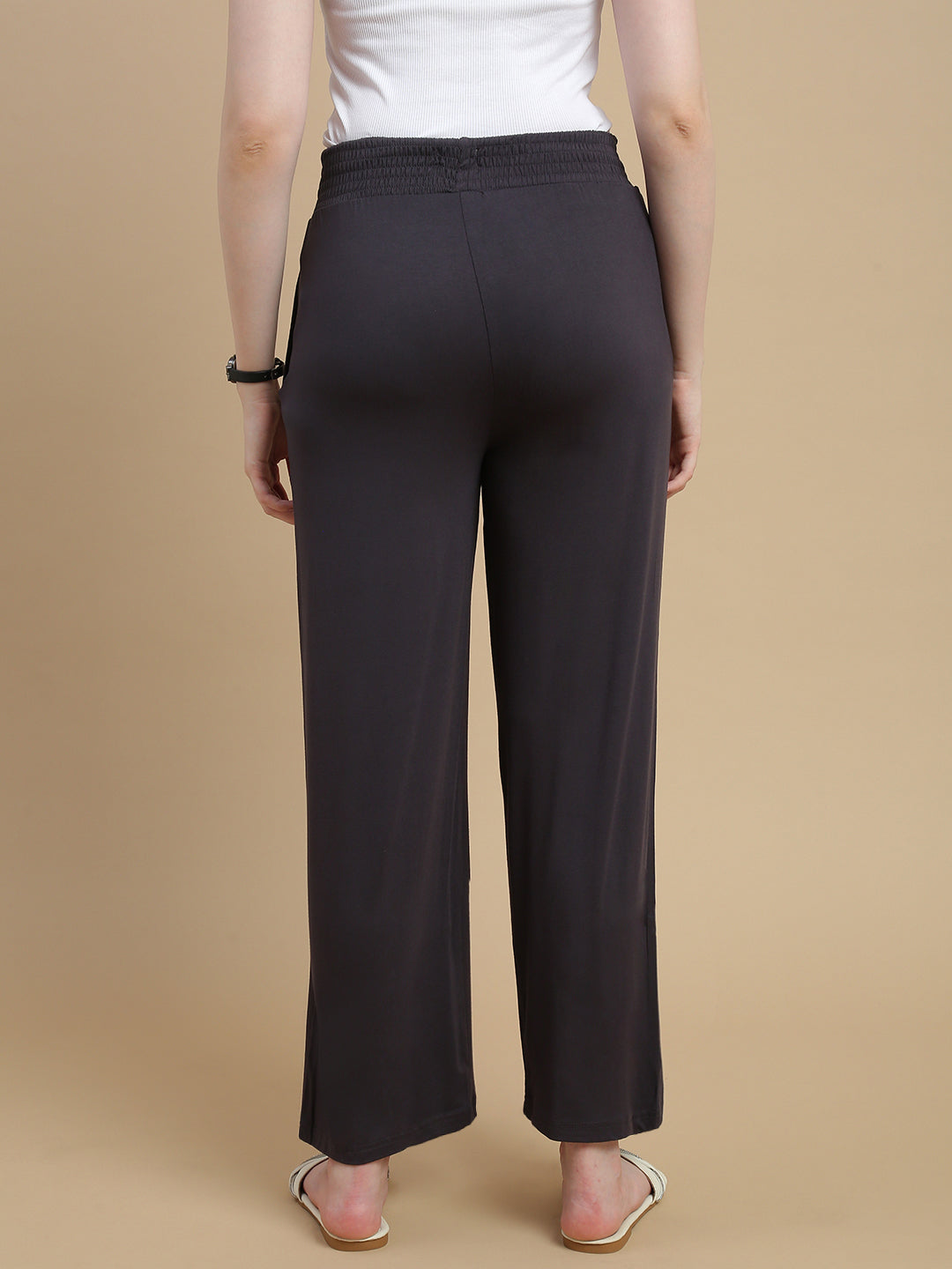 De Moza Women Knitted Viscose Stretch Regular Fit Flared Pant with Functional Pockets Dark Grey - De Moza