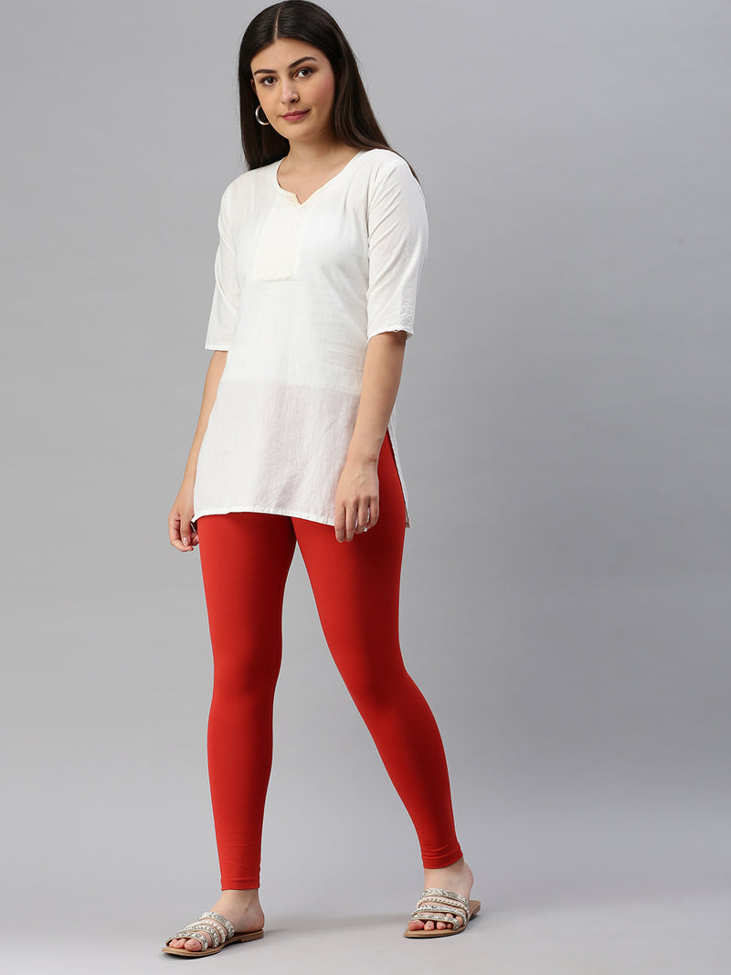 De Moza Ladies Ankle Length Leggings Solid Cotton Brick Red