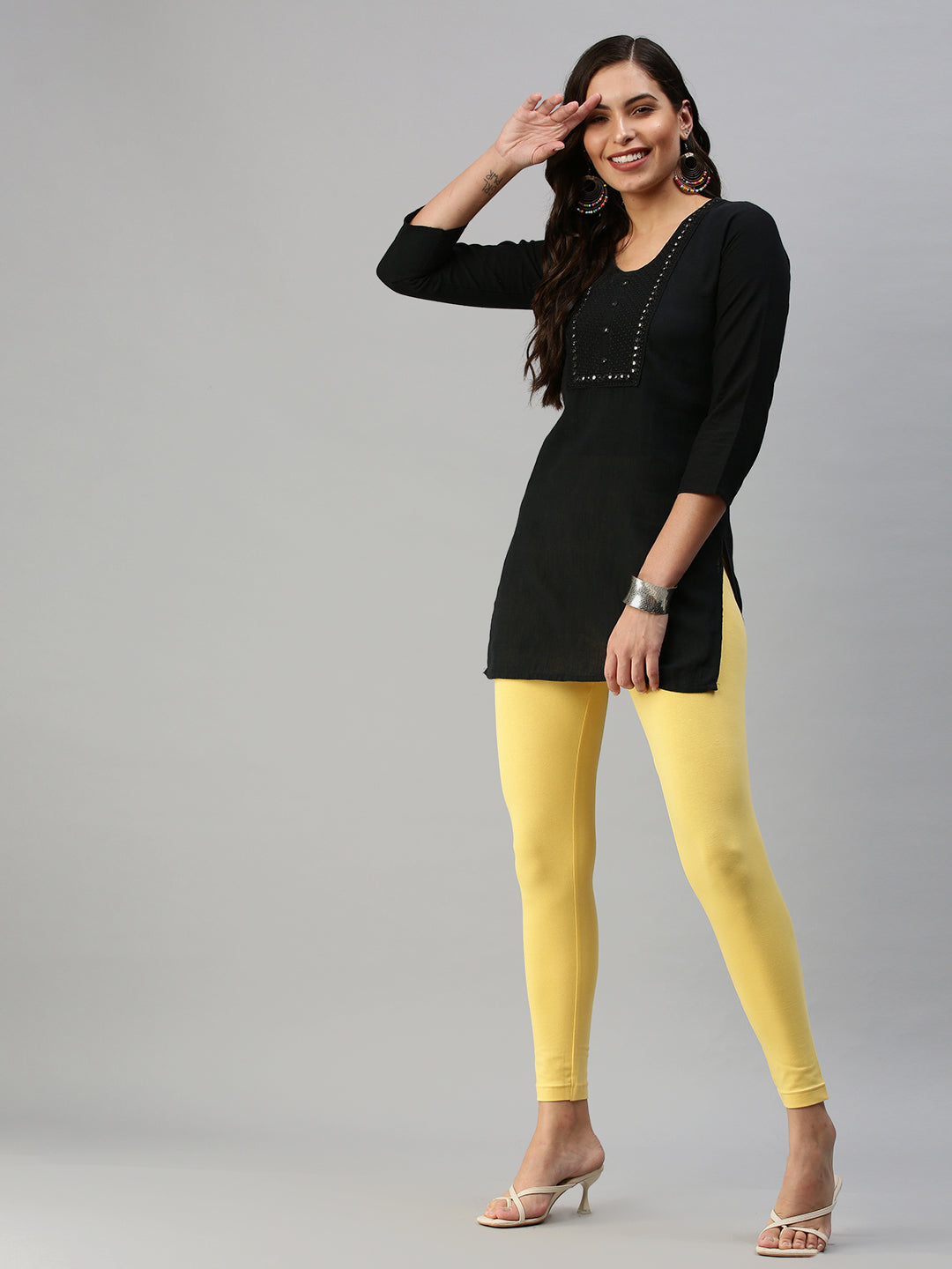 De Moza Ladies Ankle Length Leggings Solid Cotton Yellow