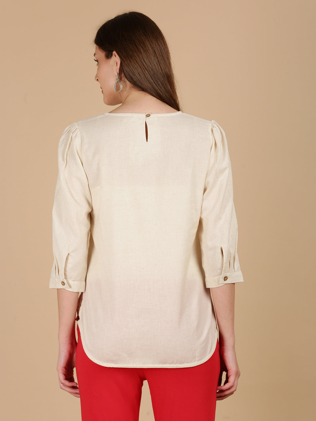 De Moza Women Woven Rayon Regular Fit Top Natural