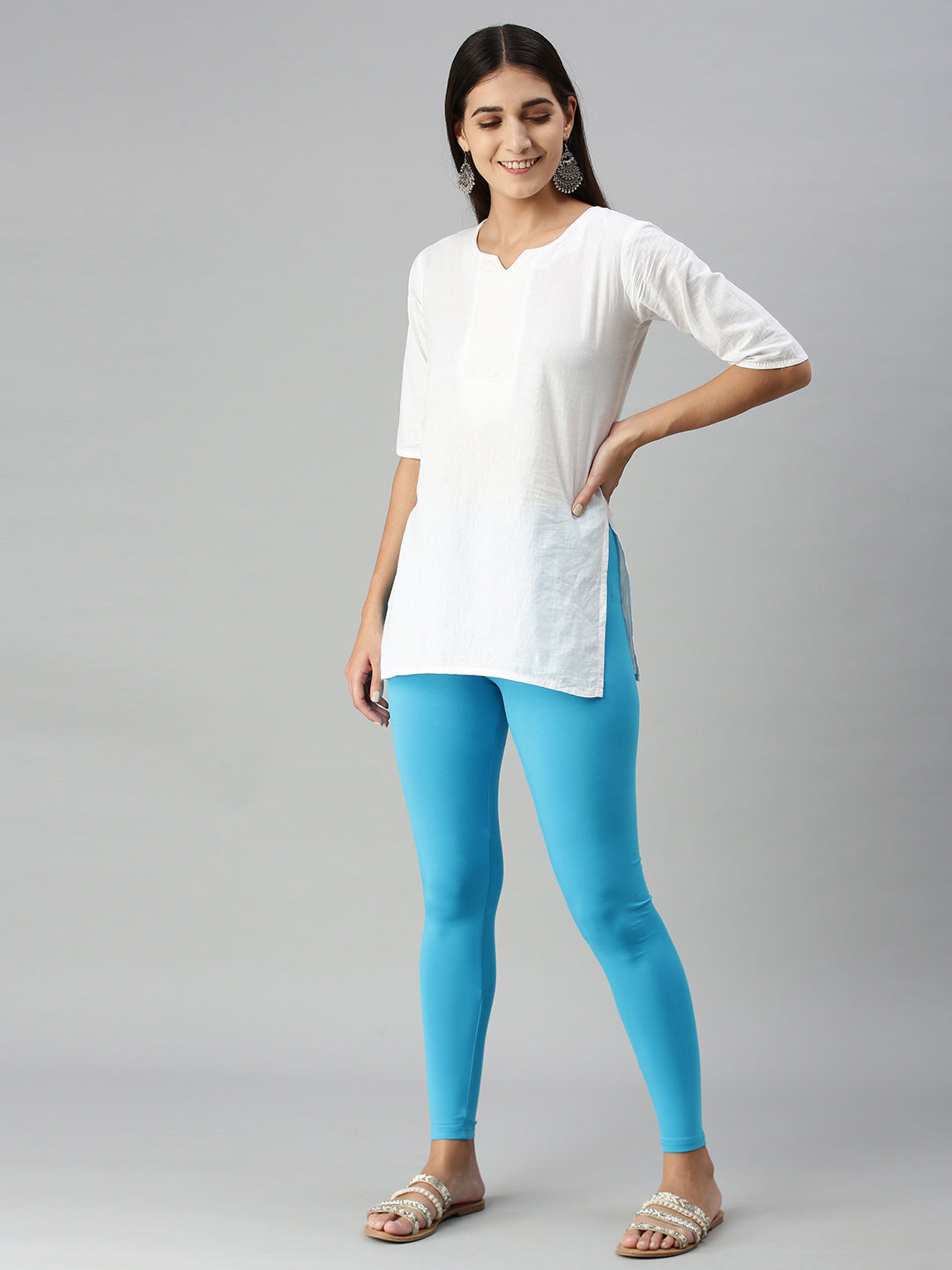 Ankle Length Leggings Cotton-Light Blue - De Moza