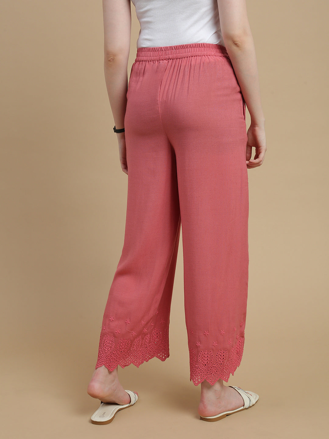 De Moza Women Woven Viscose Flex Regular Fit Schiffly Narrow Palazzo Pant with Functional Pockets Peach - De Moza