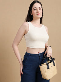 De Moza Women Knitted Cotton Rib Fitted Sleeveless Top with Round Neck Chalk - De Moza