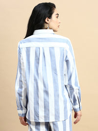Co-Ord Set Striped (Shirt & Wide Leg Pant)-Blue - De Moza