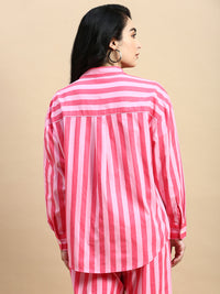 Co-Ord Set Striped (Shirt & Wide Leg Pant)-Pink - De Moza