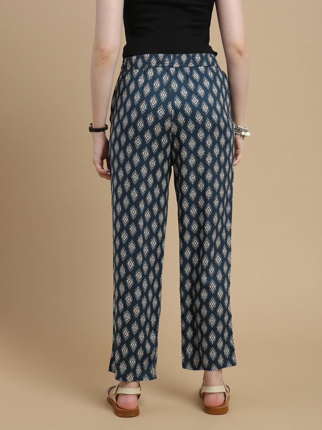 De Moza Women Woven Rayon Straight Fit Printed Pant with Functional Pockets Dark Teal - De Moza