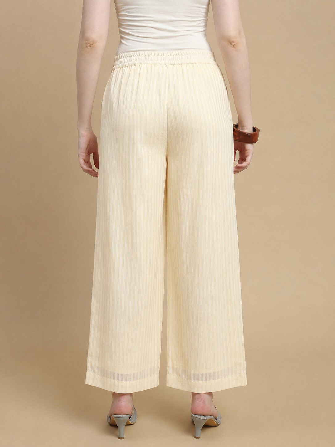 De Moza Women Woven Cotton Dobby Regular Fit Straight Palazzo Pant with Functional Pockets Chalk - De Moza