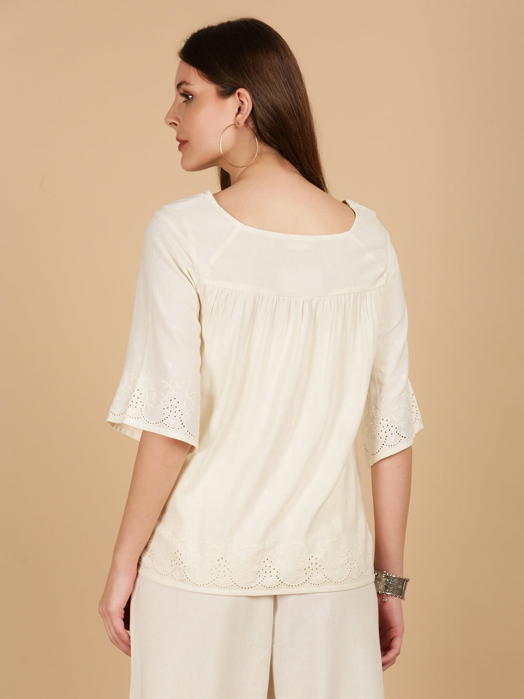 De Moza Women Woven Rayon Boxy Fit Top Natural