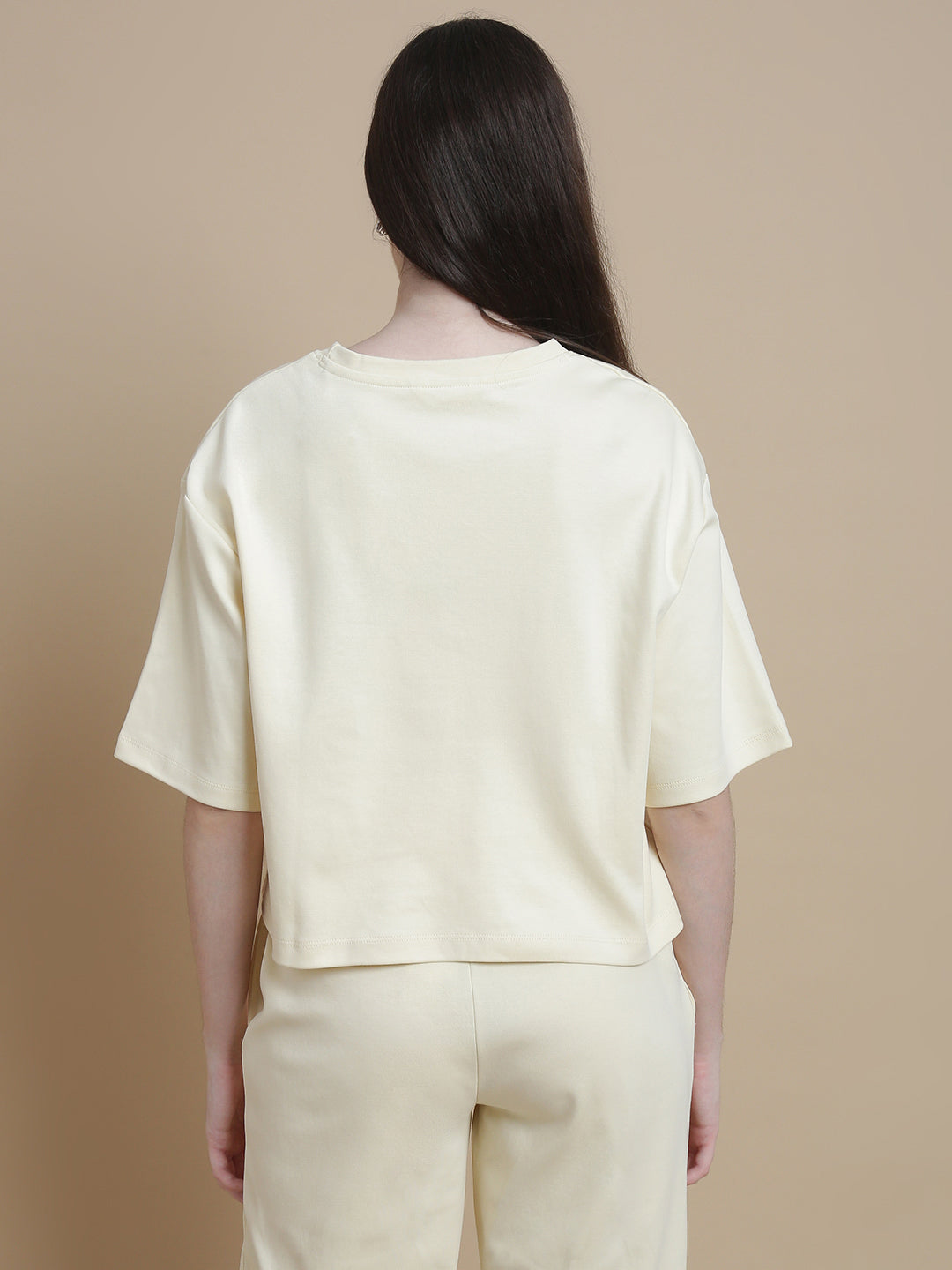 De Moza Women Knitted Cotton Crop Boxy Fit T-shirt Ecru - De Moza