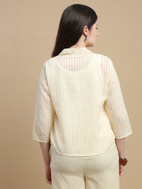 De Moza Women Woven Cotton Dobby Crop Shirt with Collared Neck and 3/4th Sleeves Chalk - De Moza