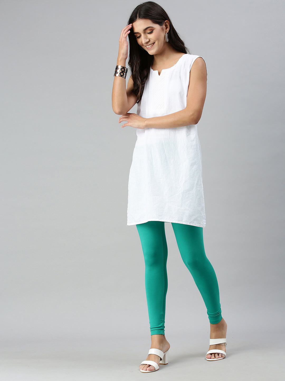 De Moza Ladies Ankle Length Leggings Solid Cotton Emerald Green