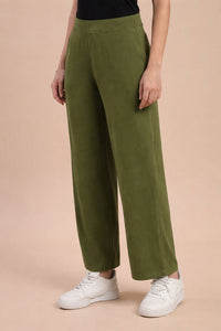De Moza Women Knitted Viscose Stretch Slim Fit Palazzo Pant with Functional Pocket Olive Green - De Moza