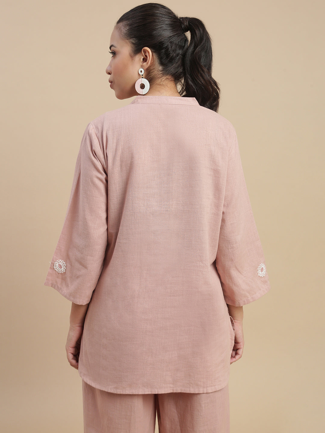 De Moza Women's Officewear Co-ords (Short Kurta & Straight Pant) Light Peach - De Moza