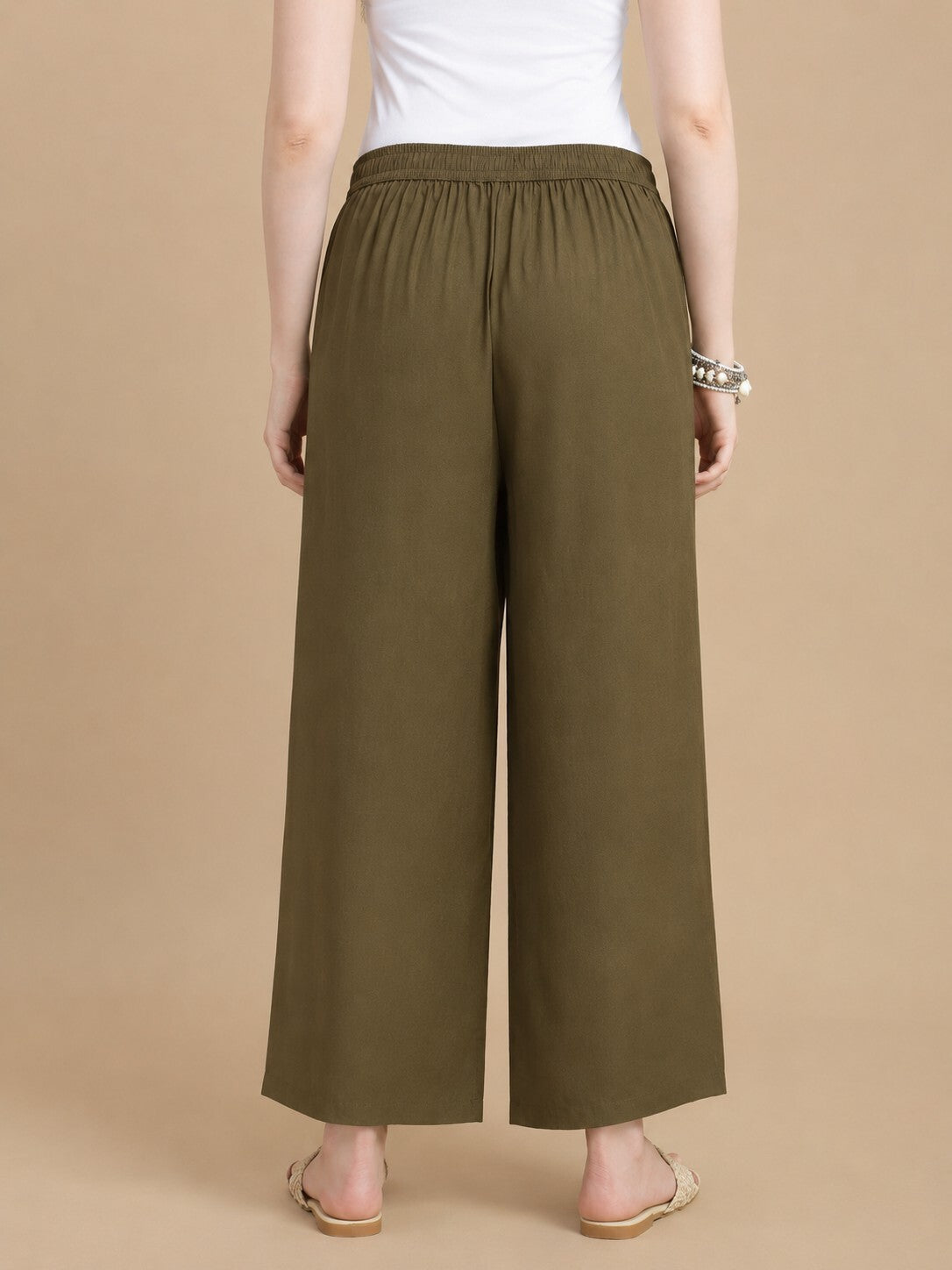 De Moza Women Viscose  Palazzo Pant with Functional Pockets Olive Green - De Moza