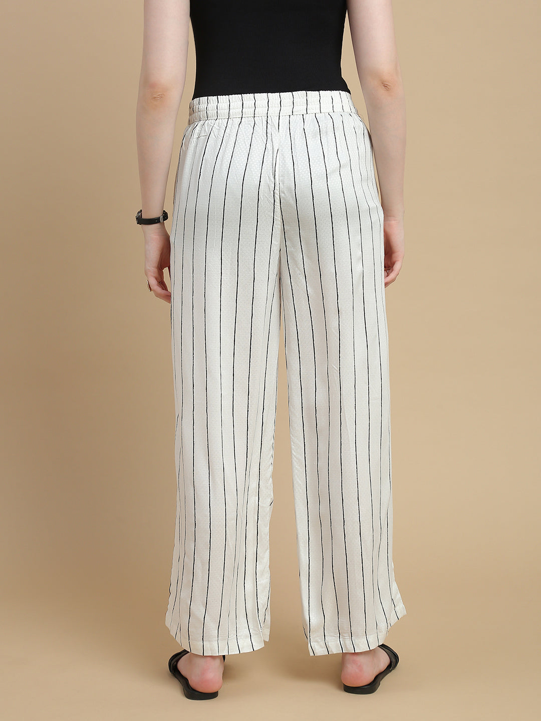 De Moza Women Woven Rayon Dobby Loose Fit Printed Straight Palazzo Pant with Functional Pockets Offwhite - De Moza