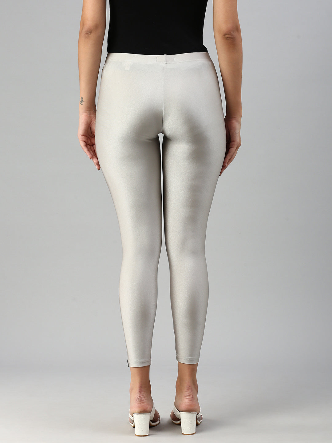 Silver Grey Solid Cotton Spandex Ankle Length Legging