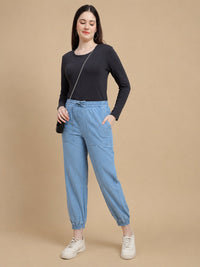De Moza Women Woven Cotton Regular Fit Denim Jogger with Functional Pockets Light Blue - De Moza