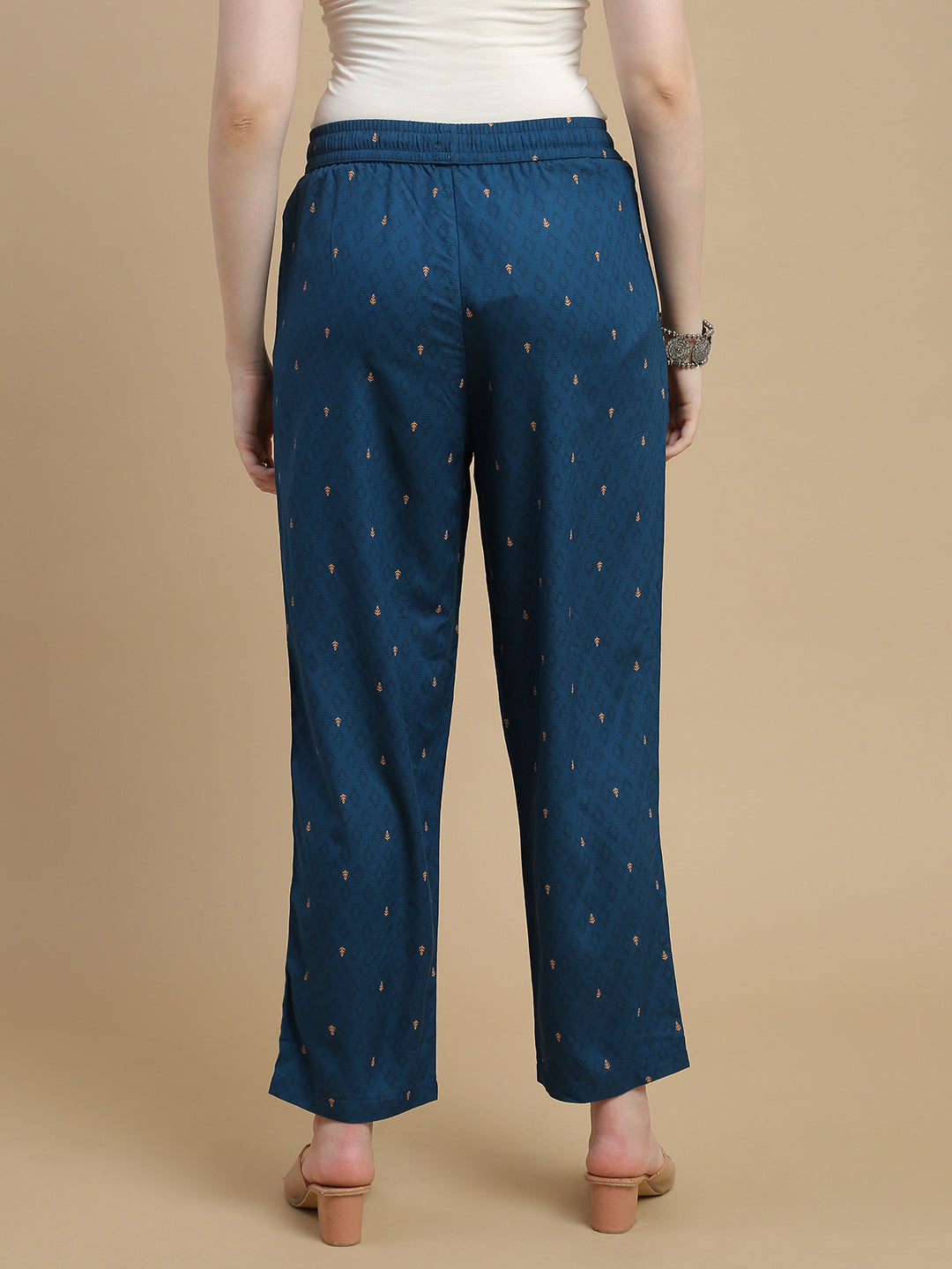 De Moza Women Woven Rayon Straight Fit Printed Straight Pant with Functional Pockets Teal Blue - De Moza