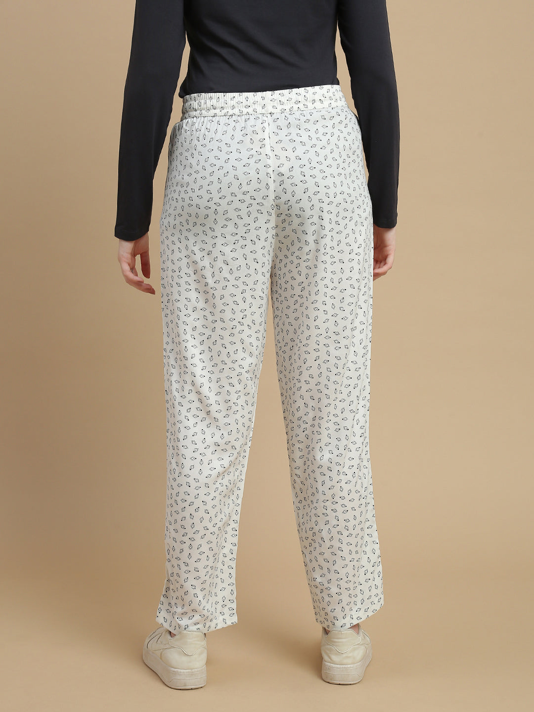 De Moza Women Woven Rayon Straight Fit Printed Straight Pant with Functional Pockets Offwhite - De Moza