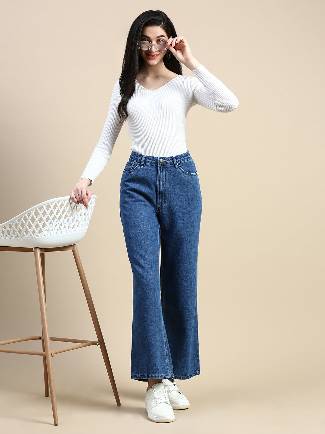 Jeans Pant Wide Leg-Mid Blue - De Moza