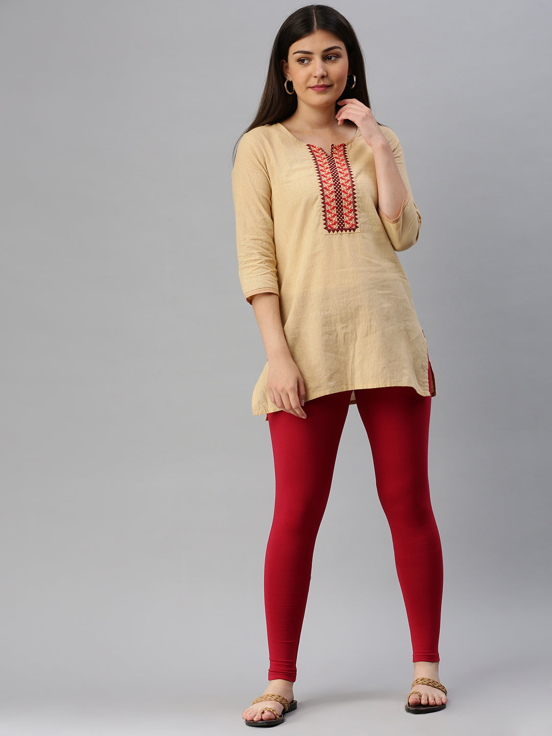 De Moza Ladies Ankle Length Leggings Solid Cotton Chilli Red