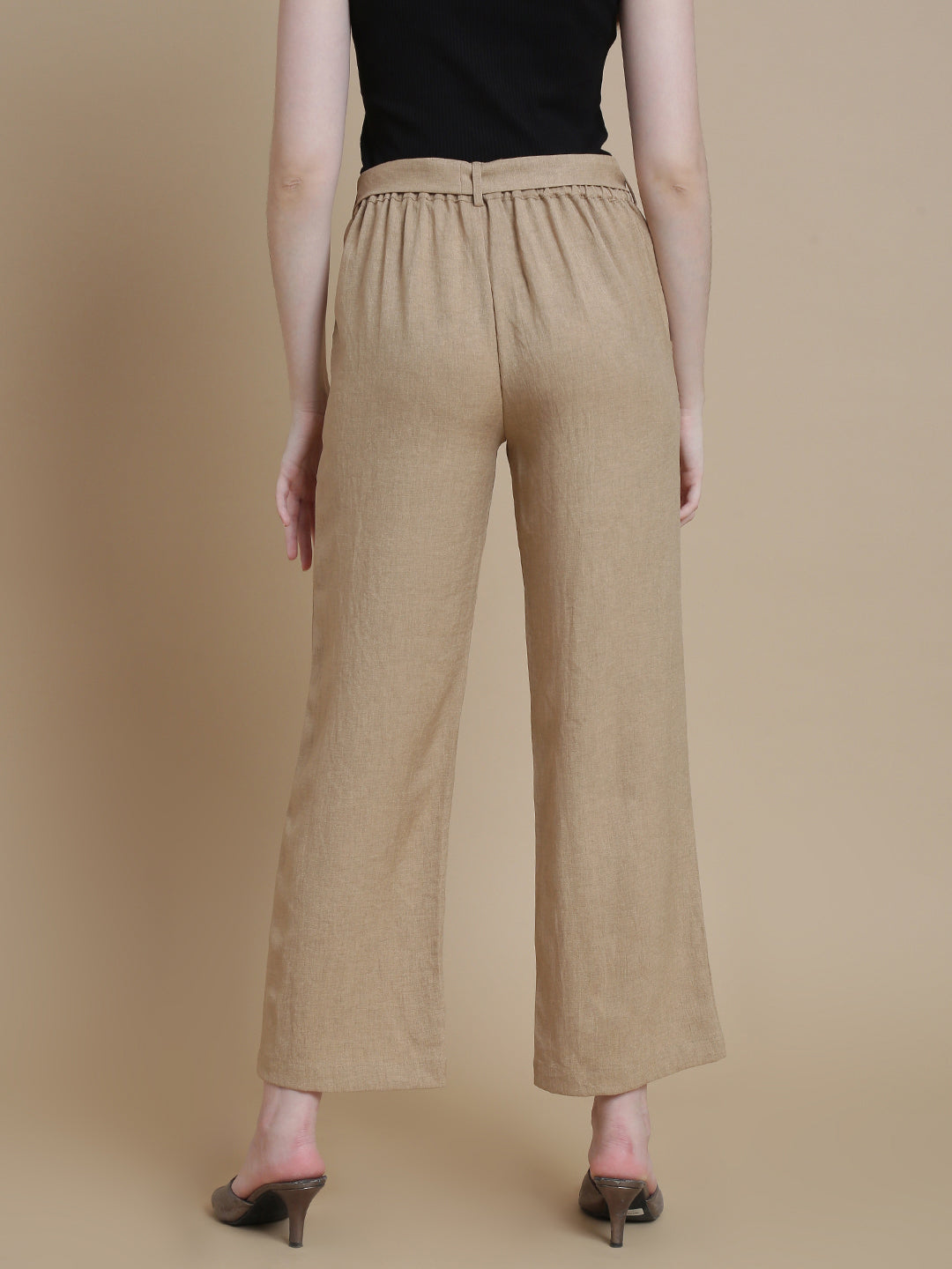 De Moza Women Woven Polyester Work wear Casual Pant with Functional Pockets Beige - De Moza