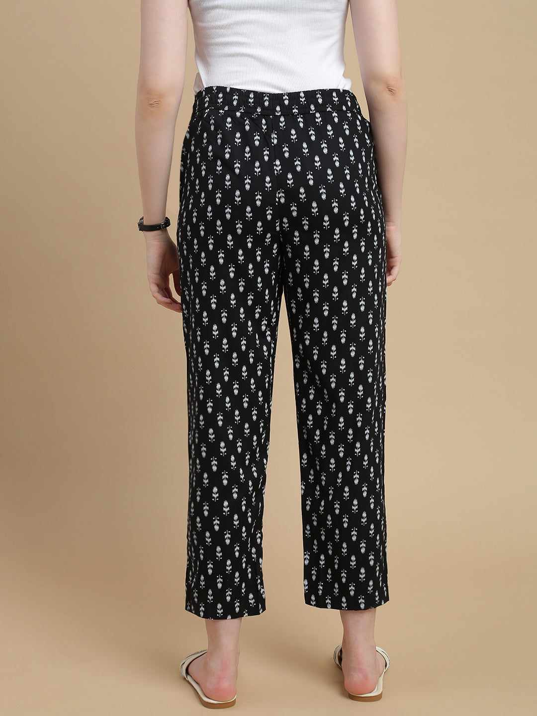 De Moza Women Woven Rayon Straight Fit Printed Straight Pant with Functional Pockets Black - De Moza