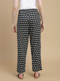 De Moza Women Woven Rayon Straight Fit Printed Straight Pant with Functional Pockets Black - De Moza