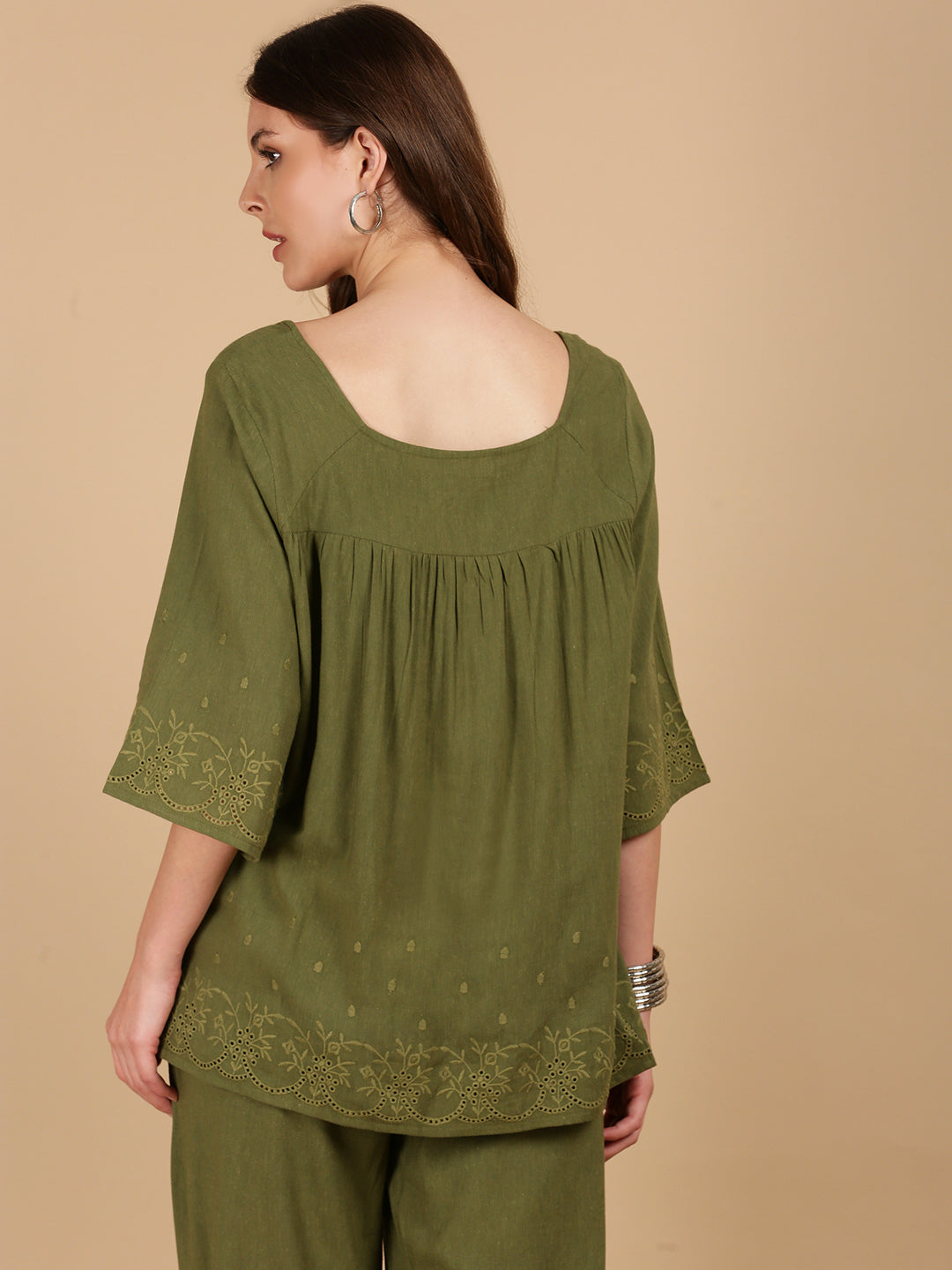De Moza Women Woven Rayon Boxy Fit Top Olive Green