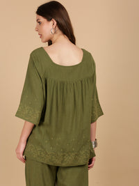 De Moza Women Woven Rayon Boxy Fit Top Olive Green