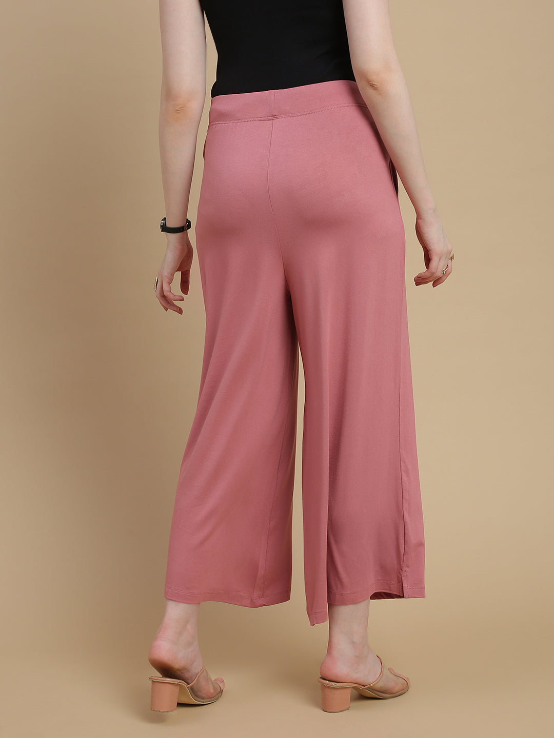 De Moza Women Knitted Viscose Stretch Large Pleated Palazzo Pant with Functional Pockets Dusty Pink - De Moza