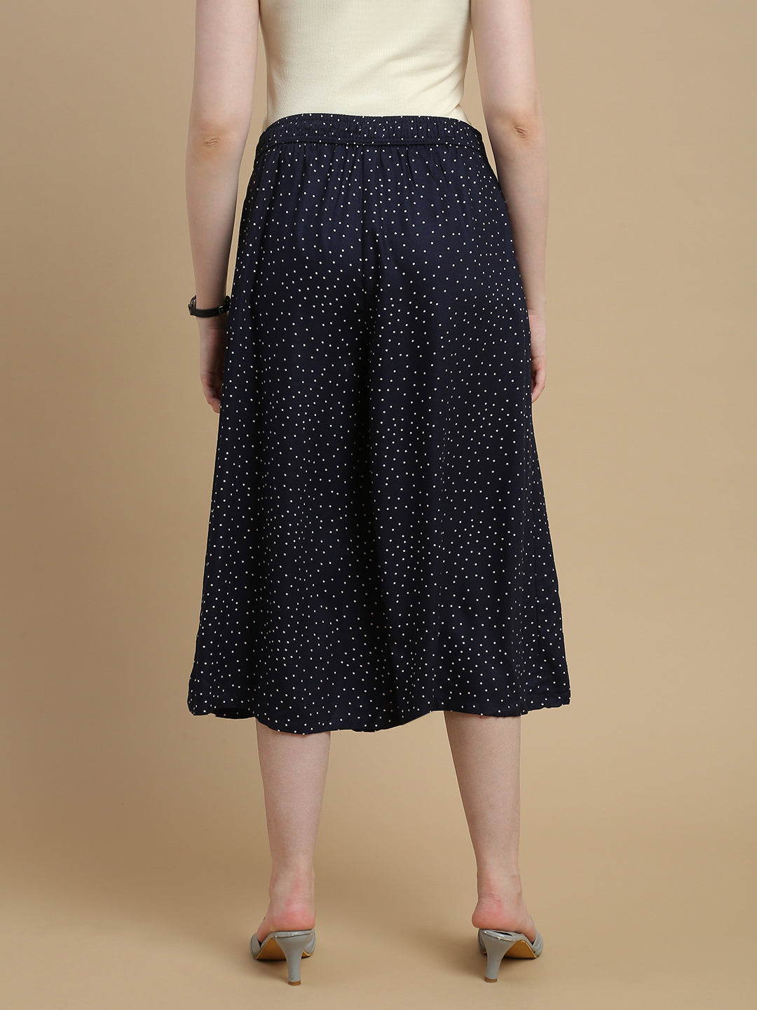 De Moza Women Woven Rayon Twill Loose Fit Printed Culottes with Functional Pockets Navy Blue - De Moza