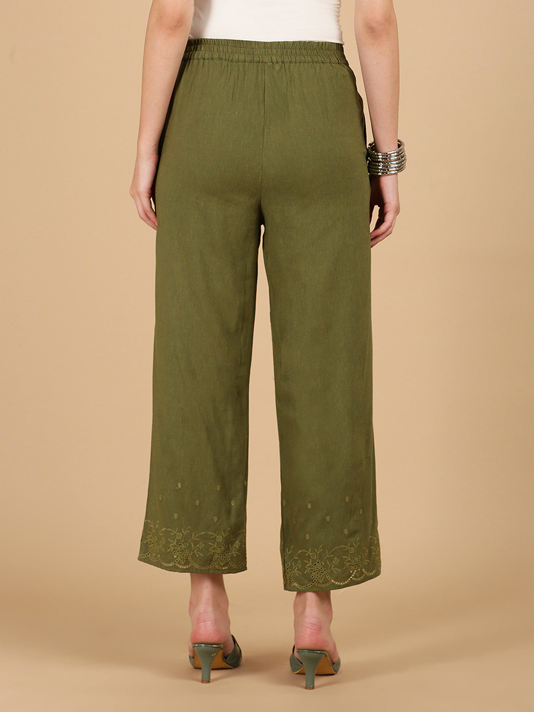 De Moza Women Woven Rayon Regular Fit Palazzo with Functional Pockets Olive Green - De Moza