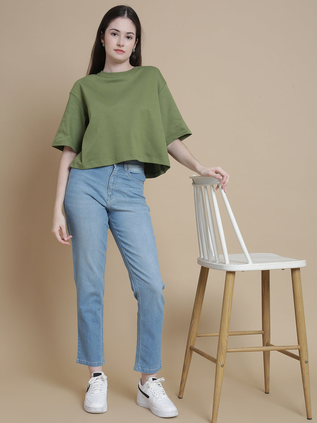 De Moza Women Knitted Cotton Crop Boxy Fit T-shirt Deep Green - De Moza