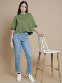 De Moza Women Knitted Cotton Crop Boxy Fit T-shirt Deep Green - De Moza