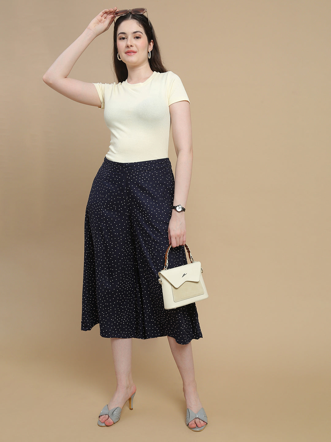 De Moza Women Woven Rayon Twill Loose Fit Printed Culottes with Functional Pockets Navy Blue - De Moza