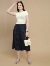 De Moza Women Woven Rayon Twill Loose Fit Printed Culottes with Functional Pockets Navy Blue - De Moza