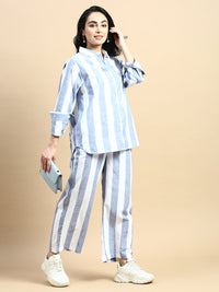 Co-Ord Set Striped (Shirt & Wide Leg Pant)-Blue - De Moza