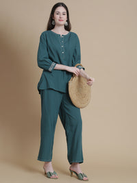 De Moza Women Woven Rayon Narrow Palazzo with Functional Pockets Teal - De Moza