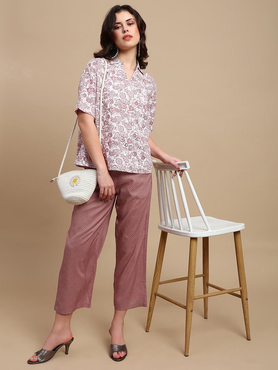 De Moza Women Mehek Set (Top & Palazzo) - White & Maroon